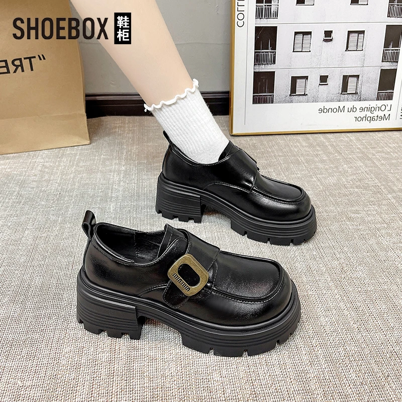 SHOEBOX鞋柜厚底松糕小皮鞋女2025春复古英伦风魔术贴乐福单鞋