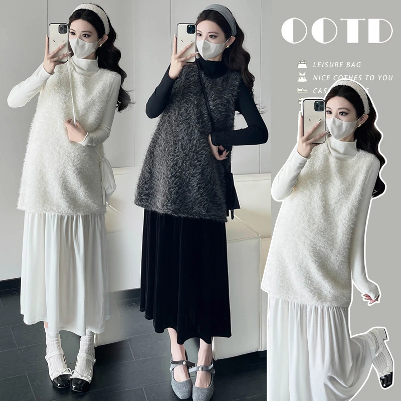 「团团」2025孕妇秋冬法式高级感拼接丝绒背心连衣裙+黑色打底衫