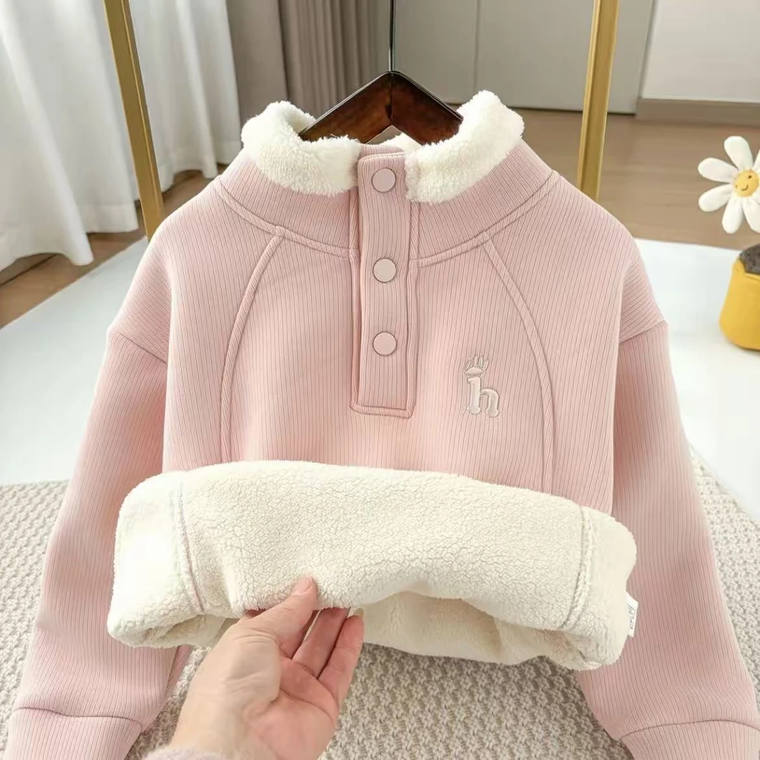 【羊驼绒】女童立领排扣保暖加厚加绒卫衣儿童中大童休闲卫衣X11823