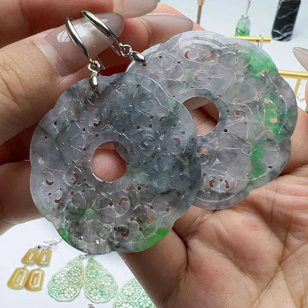 银S925镶嵌翡翠耳饰果****0天然缅甸A货翡翠