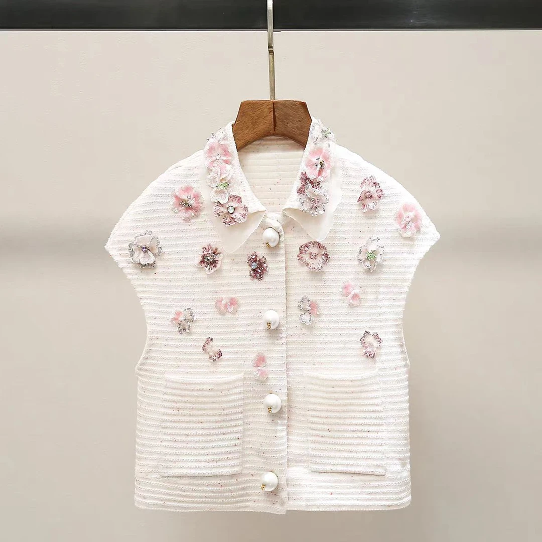 深圳南油高端女装25夏新款时尚甜美立体花朵珠饰短袖开衫马甲上衣