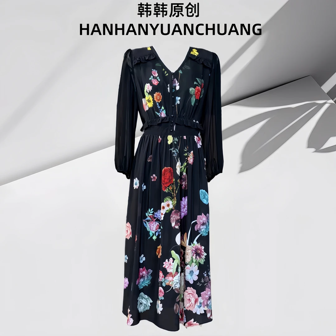 2025【黑色牡丹】高定桑蚕丝单层连衣裙#1919#HH#120