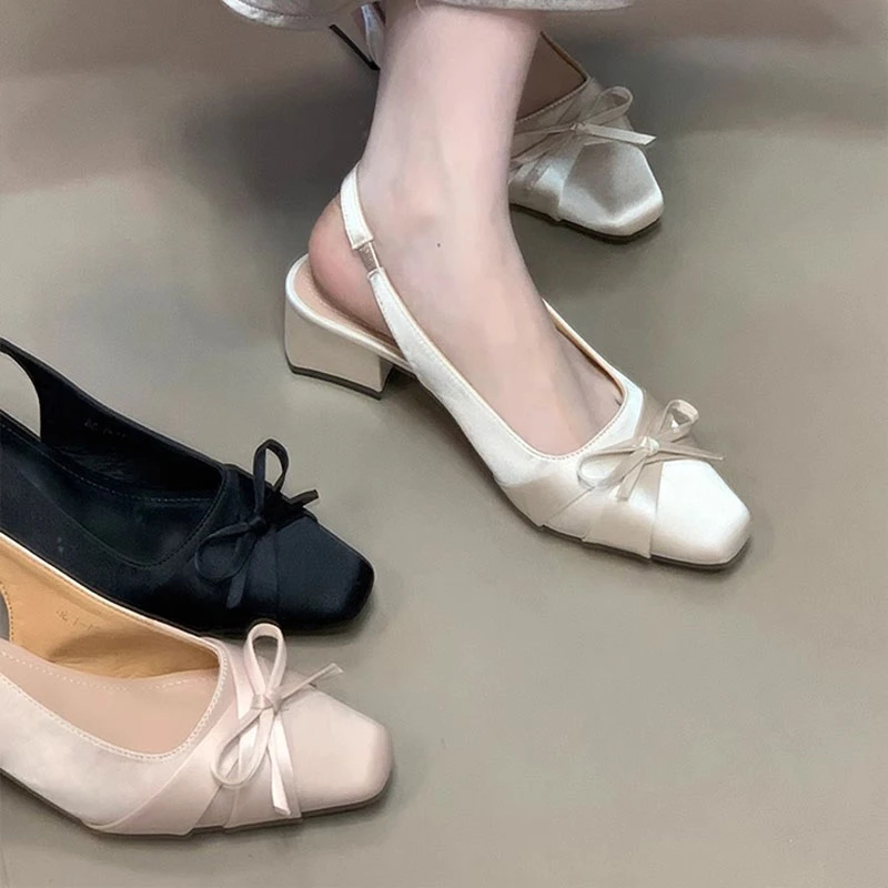 法式气质中跟包头凉鞋蝴蝶结2025夏季新款尖头后绊带粗跟女鞋温柔