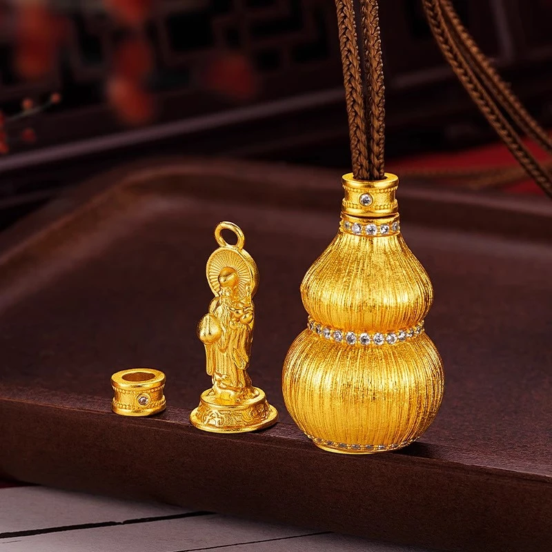 铜合金吊坠 福禄财神项链 新中式女金色拉丝中式葫芦项链内有乾坤