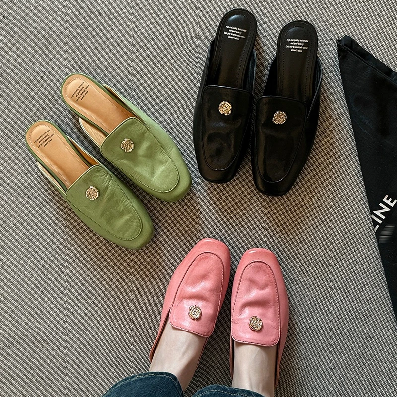 真皮法式高级感一脚蹬懒人包头半拖鞋女外穿时尚山茶花平底穆勒鞋