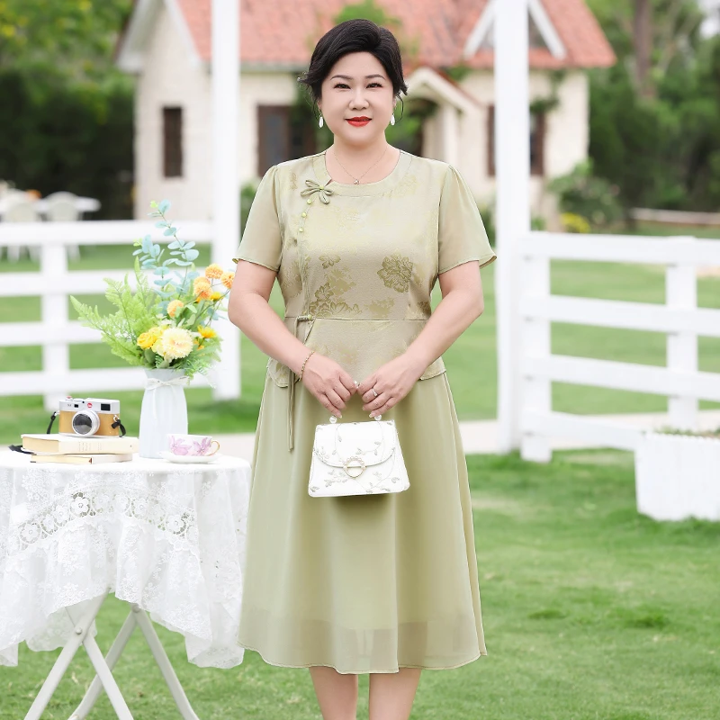 洋气妈妈夏装连衣裙假两件高级感气质高腰显瘦中老年女装新款裙子