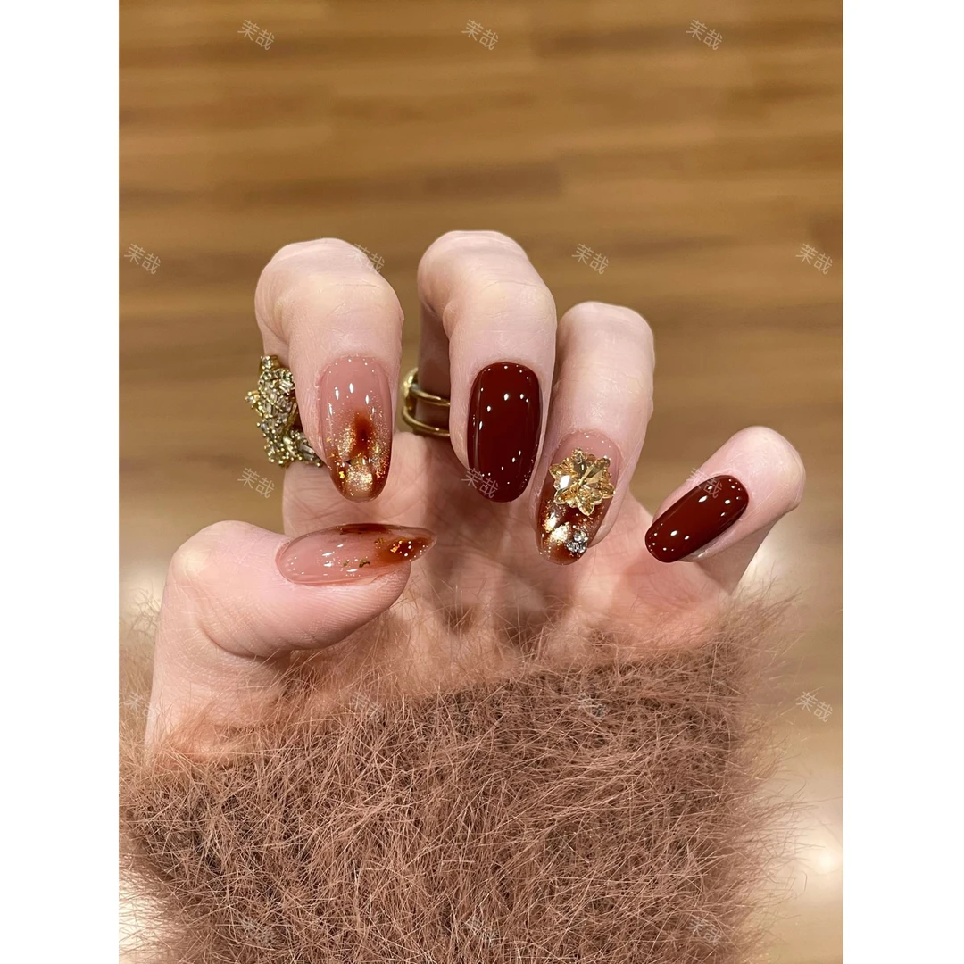 茉哉现货【日暮溶金】纯手工定制美甲拆卸穿戴甲A5240