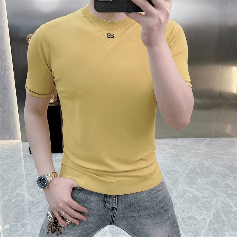 修身男装欧货轻奢针织冰丝休闲短袖T恤纯色时尚夏季半袖上衣百搭