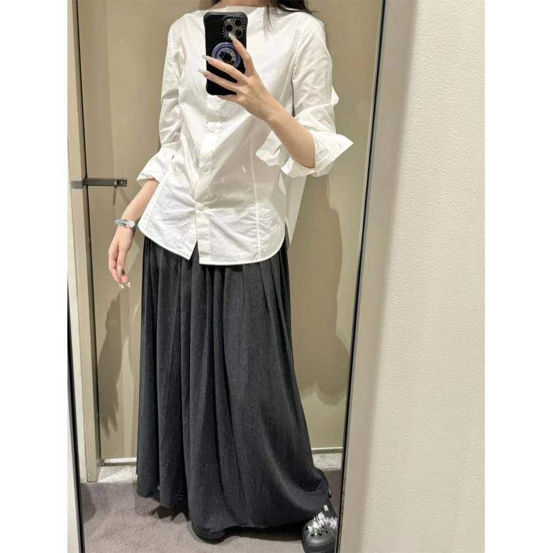 白色挺阔感气质通勤船领长袖宽松直身版衬衫上衣25271