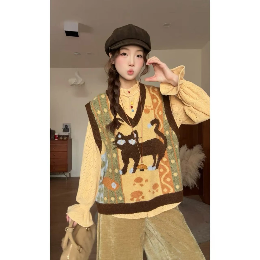 马甲秋冬款设计感休闲复古撞色百搭小猫马甲女50293