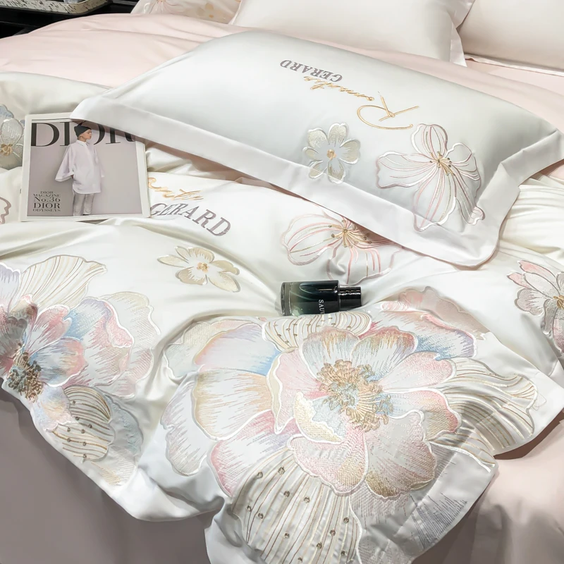 礼盒发货美拉德花卉刺绣花四件套100支A类100%纯棉被套四件套高级