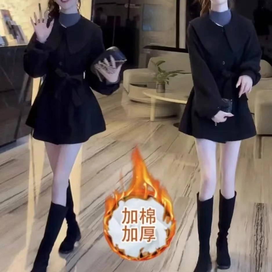 【现货+运费险】小个子韩版宽松娃娃领收腰翻领系带夹棉毛呢外套