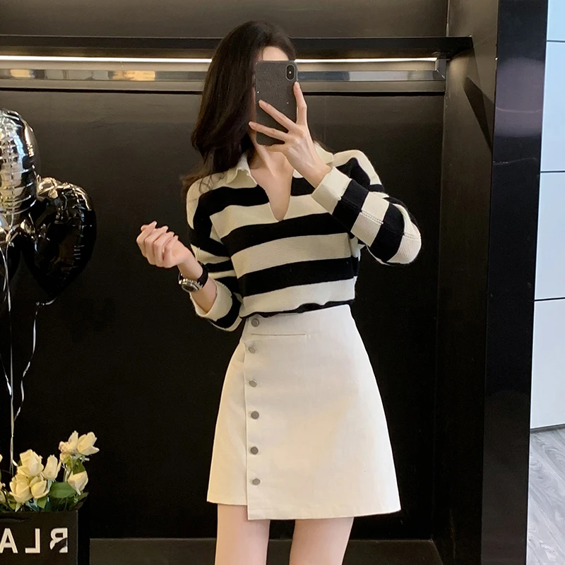 长袖条纹针织衫衣服女秋2025新款爆款宽松显瘦小个子套头百搭外套