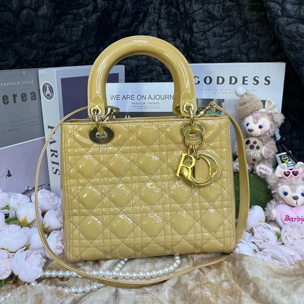 95新 DIOR/迪奥 迪奥黄色五格戴妃手提斜挎包