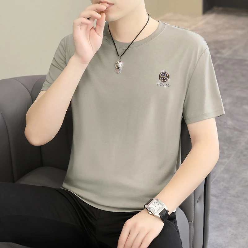 夏季冰丝薄款男士短袖T恤圆领宽松百搭半袖简约青年休闲打底体恤