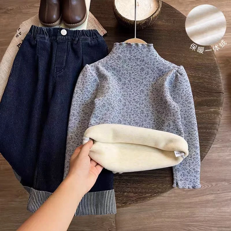 女童秋冬款加绒加厚半高领T恤长袖冬季一体绒保暖上衣儿童打底衫