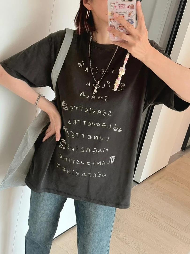 A. D. Khal 纸袋家 字母手写信  纯棉条纹刺绣短袖A0332