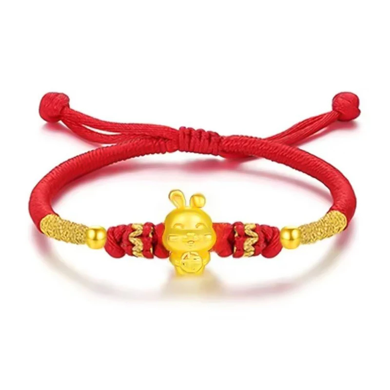 老凤样3D硬金足金999大版福袋黄金转运珠红绳手链男女同款儿情人