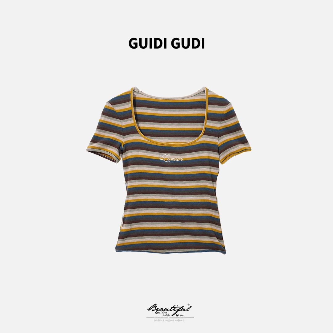 GUIDI GUDI【音律】黄加蓝字母条纹短袖时尚针织法式T恤 T9510610H