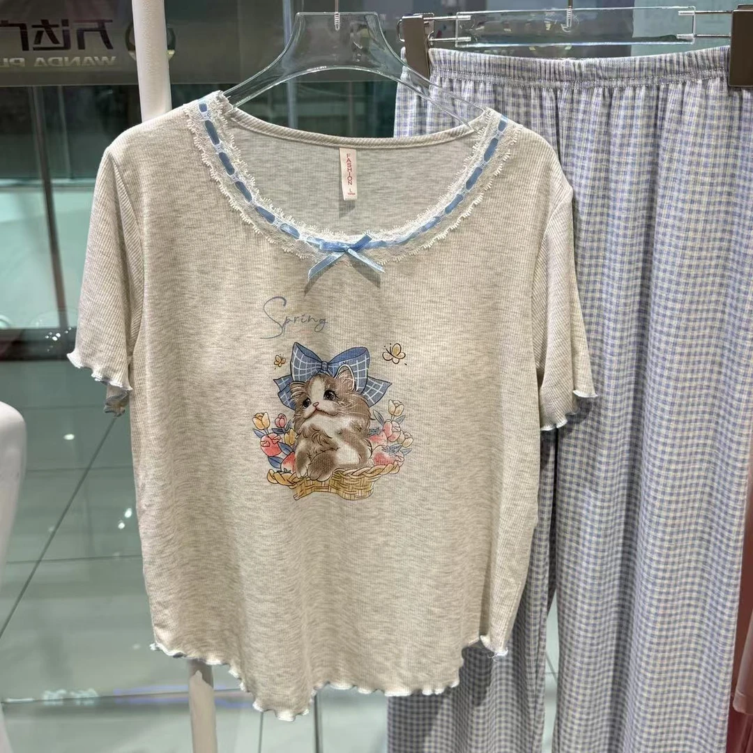 夏季新款小猫咪短袖带杯垫三件套睡衣可爱甜美透气舒适女套装2191