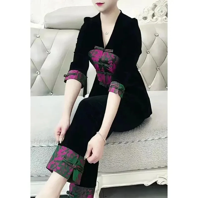 2025春秋新款时尚大码新中式丝绒显瘦盘扣七分袖上衣裤子两件套装