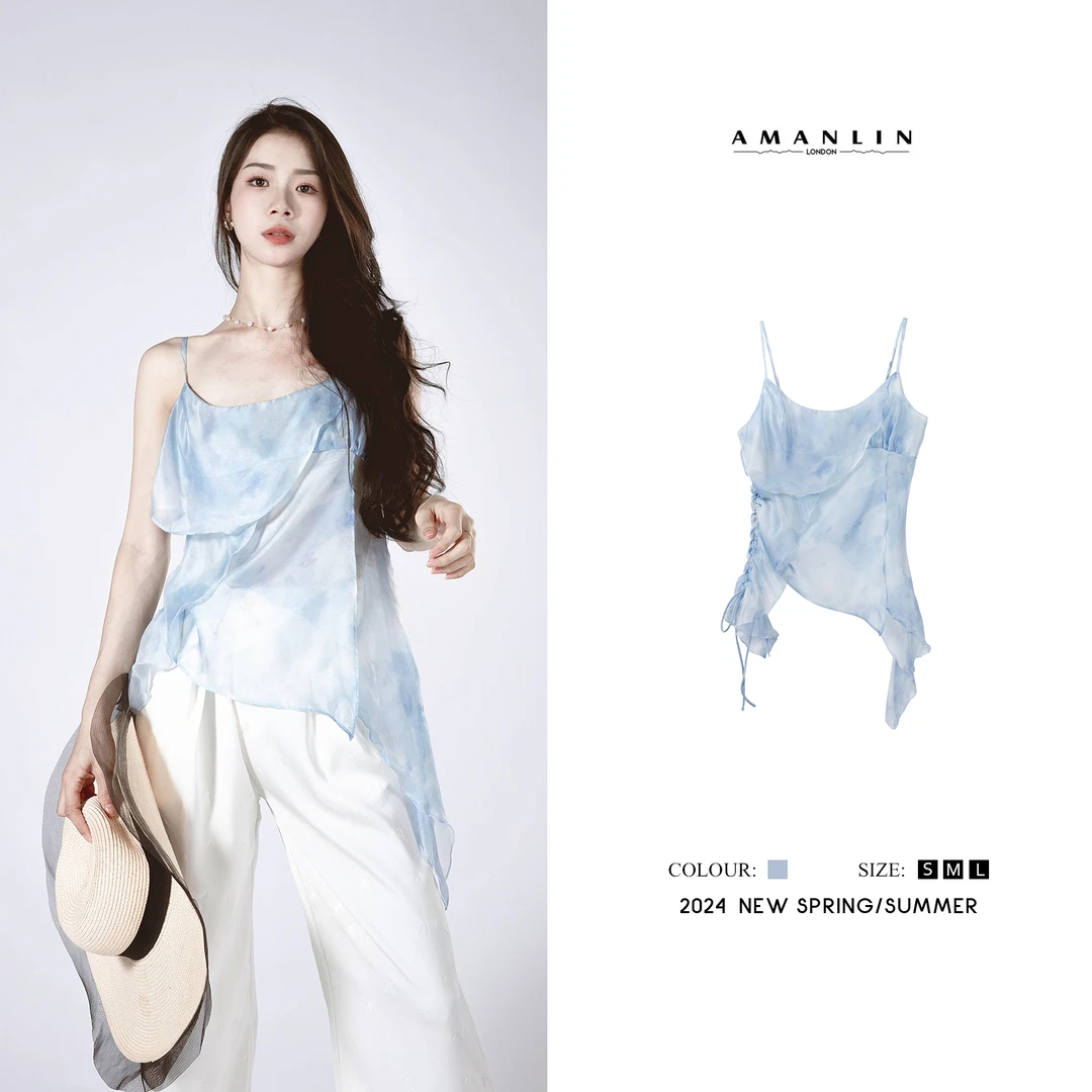夏季时尚气质蓝晕染叠层不规则镂空吊带上衣WS600068