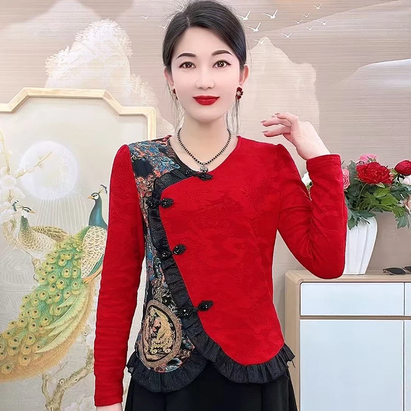 79133新中式国风打底衫秋冬款女时尚复古盘扣拼接保暖上衣