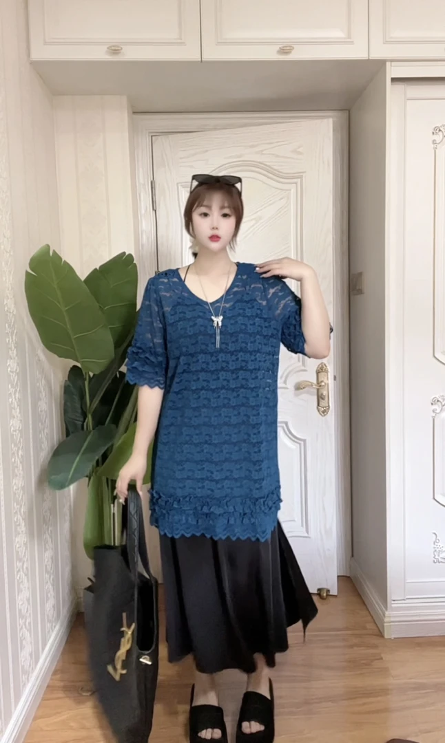 欧货高级定制软糯蕾丝花边袖大T小众女人味设计感遮肉显瘦上衣