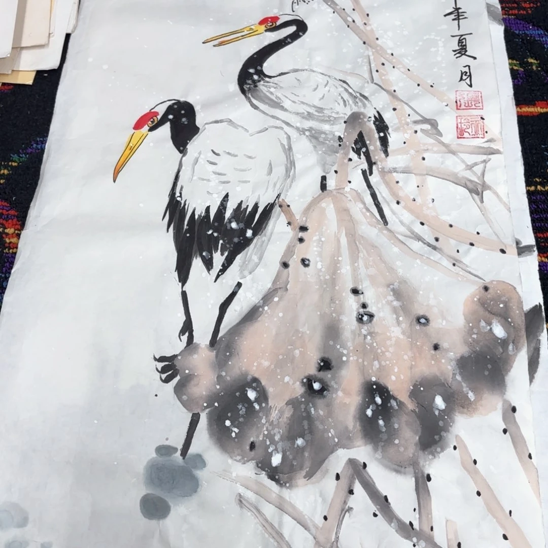 国画张永玲四尺四开花鸟朱