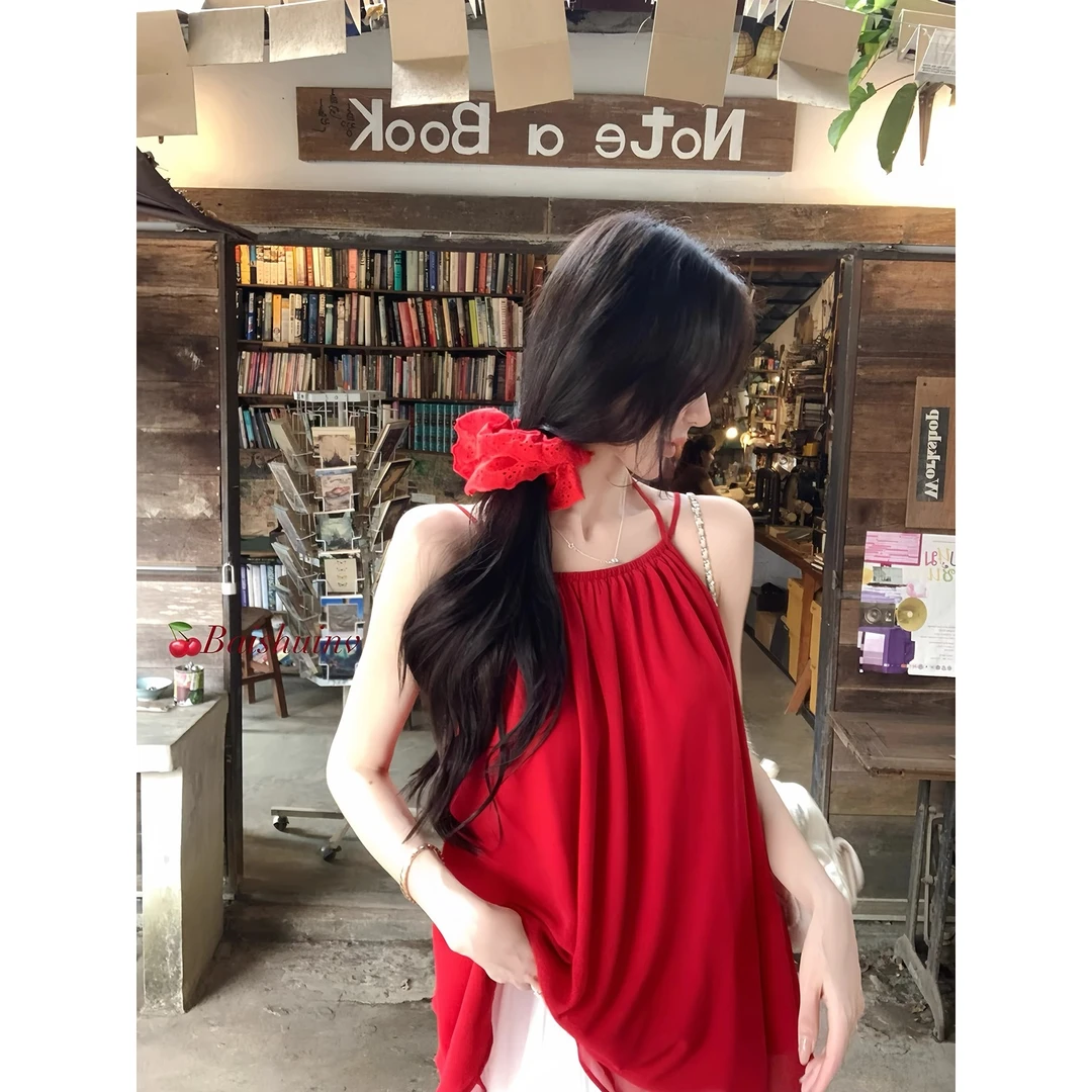 【夏日热恋】度假风纯欲挂脖系带背心女夏季新款大露背红色时尚上衣