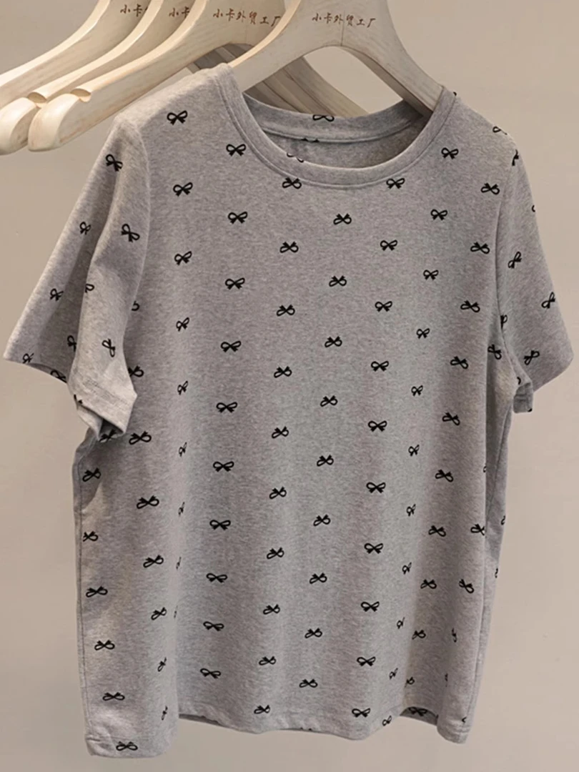 韩版超好看个性蝴蝶结印花轻薄款短袖T恤女夏装新款洋气个性遮肉