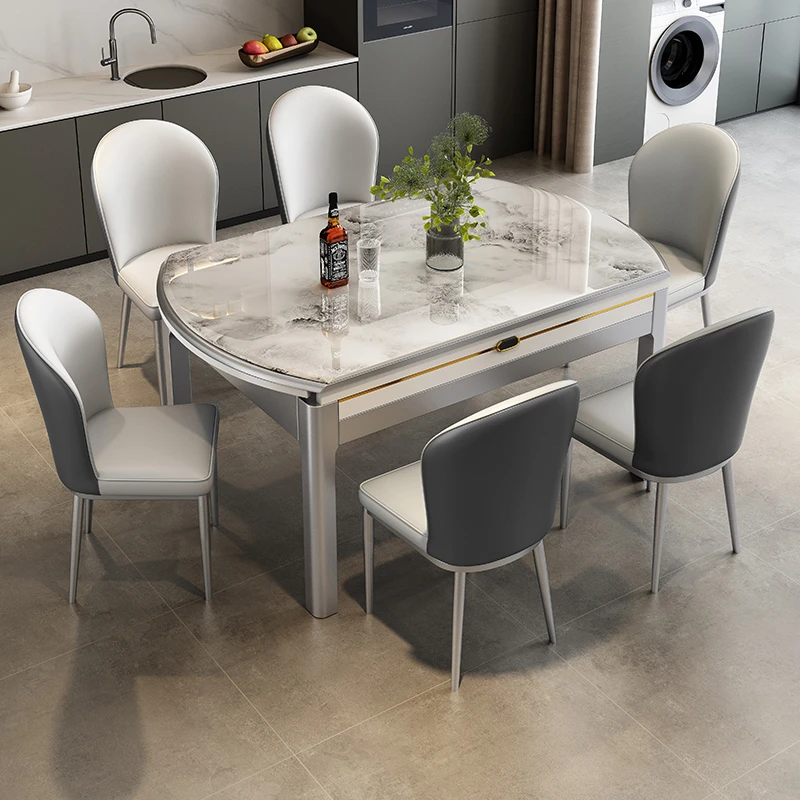 高端轻奢微晶石实木餐桌家用小户型方圆两用吃饭桌简约现代大圆桌