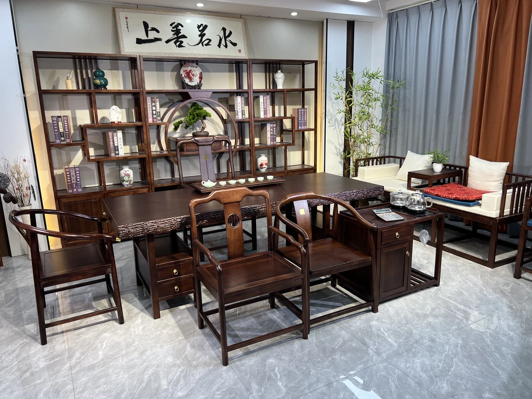 全实木大板茶桌湿泡干泡桌带储物抽屉脚架自然边茶桌椅组合禅意