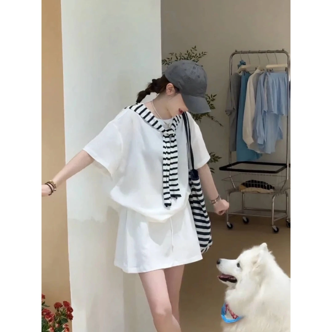 时尚遛弯套装女夏季新款韩系休闲百搭短袖T恤短款半裙披肩三件套