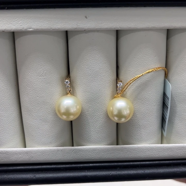 海水珍珠上新金珠三颗锆耳坠10-11mm18K金镶嵌