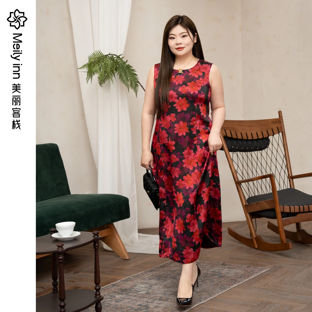 美丽客栈原创高端大码女装胖mm200斤加肥加大明艳碎花无袖连衣裙