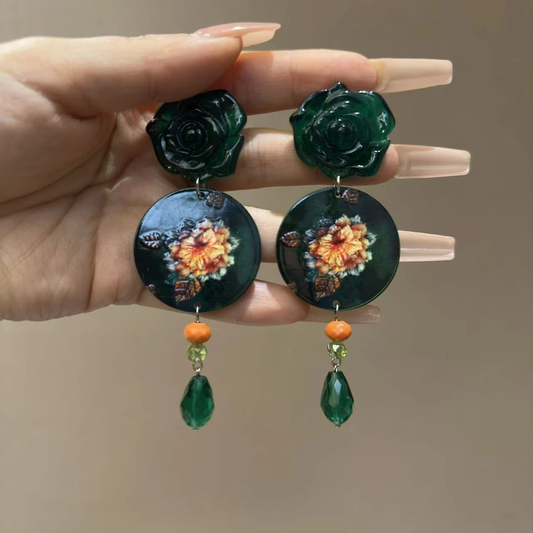 铜合金合成锆石耳饰 墨绿色国风新款6777331