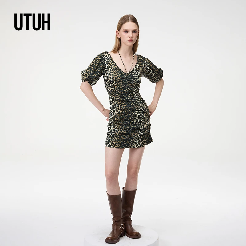 UTUH渐变色豹纹修身显瘦泡泡袖连衣裙野性优雅高级辣妹TLWWR3L157