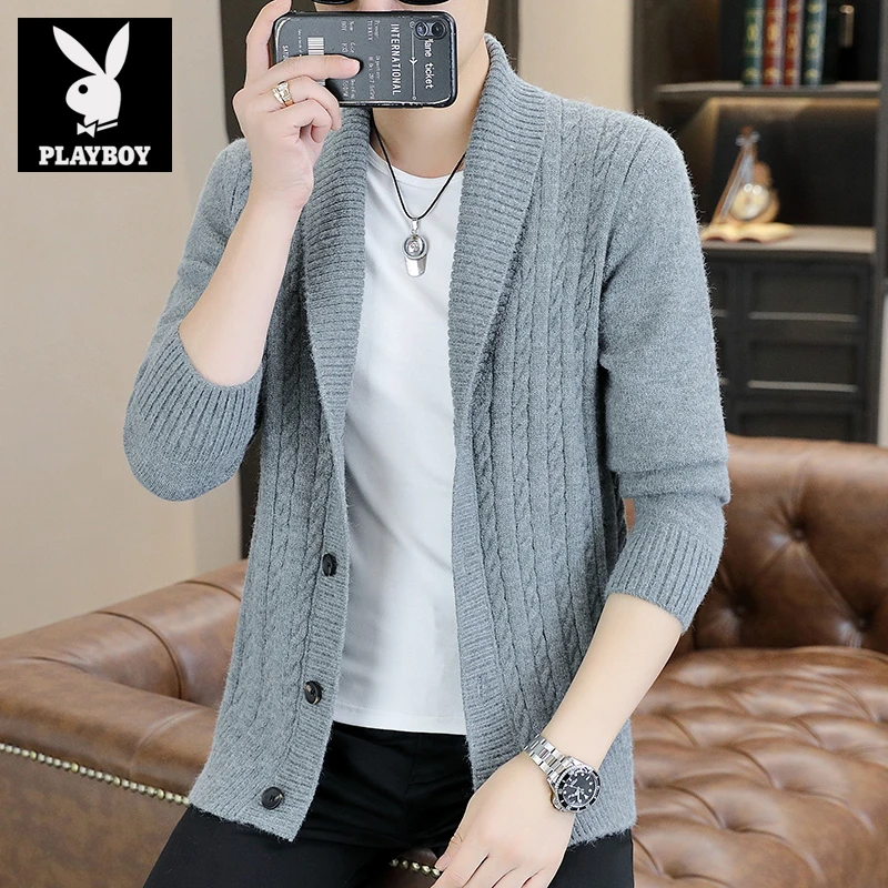花花公子男装秋季时尚百搭针织开衫男士商务休闲纯色翻领外穿毛衣