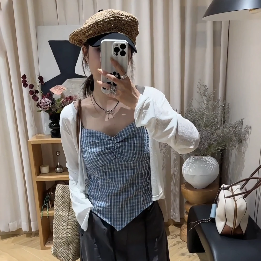 【8843】大码女装胖mm格子吊带套装夏季防晒开衫背心上衣两件套