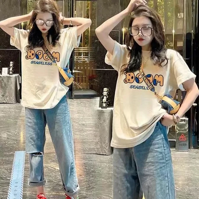2025夏季新款宽松大码欧货上衣女印花洋气减龄中长款纯棉短袖t恤