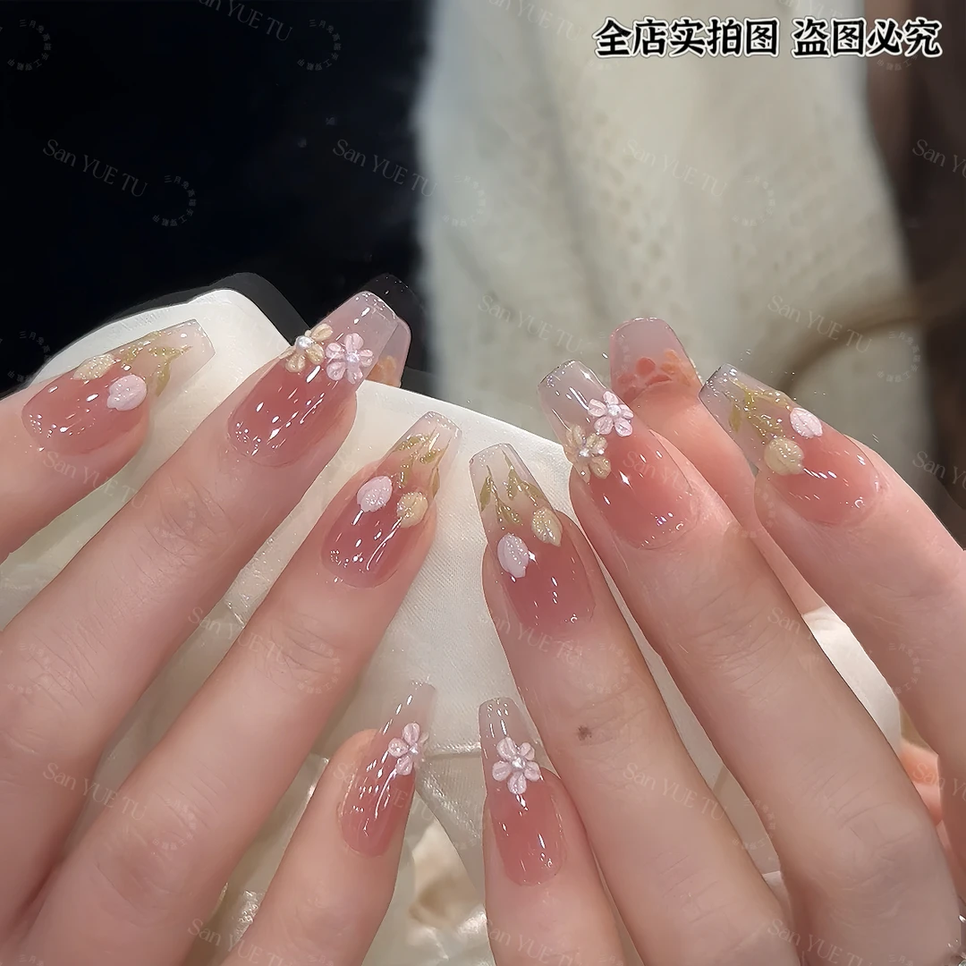 郁见花开-三月兔手工春季手绘小花花美甲显白气质款穿戴甲