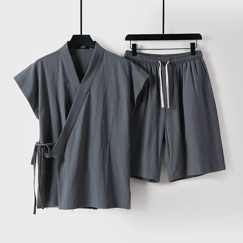夏季茶服偏襟系带套装男透气复古无袖禅意棉麻汉服宽松大码两件套