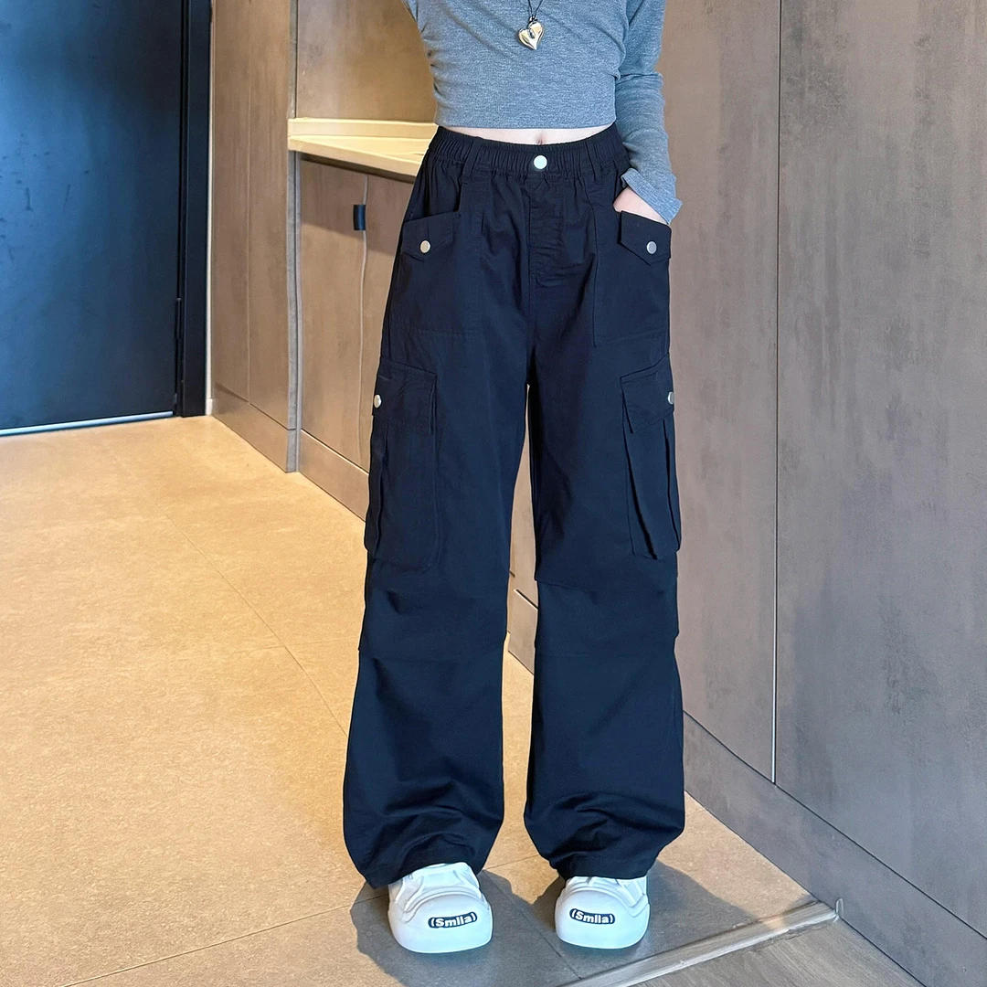 女童黑色工装裤秋冬款2025新款儿童秋季裤子大童女孩秋装潮酷穿搭