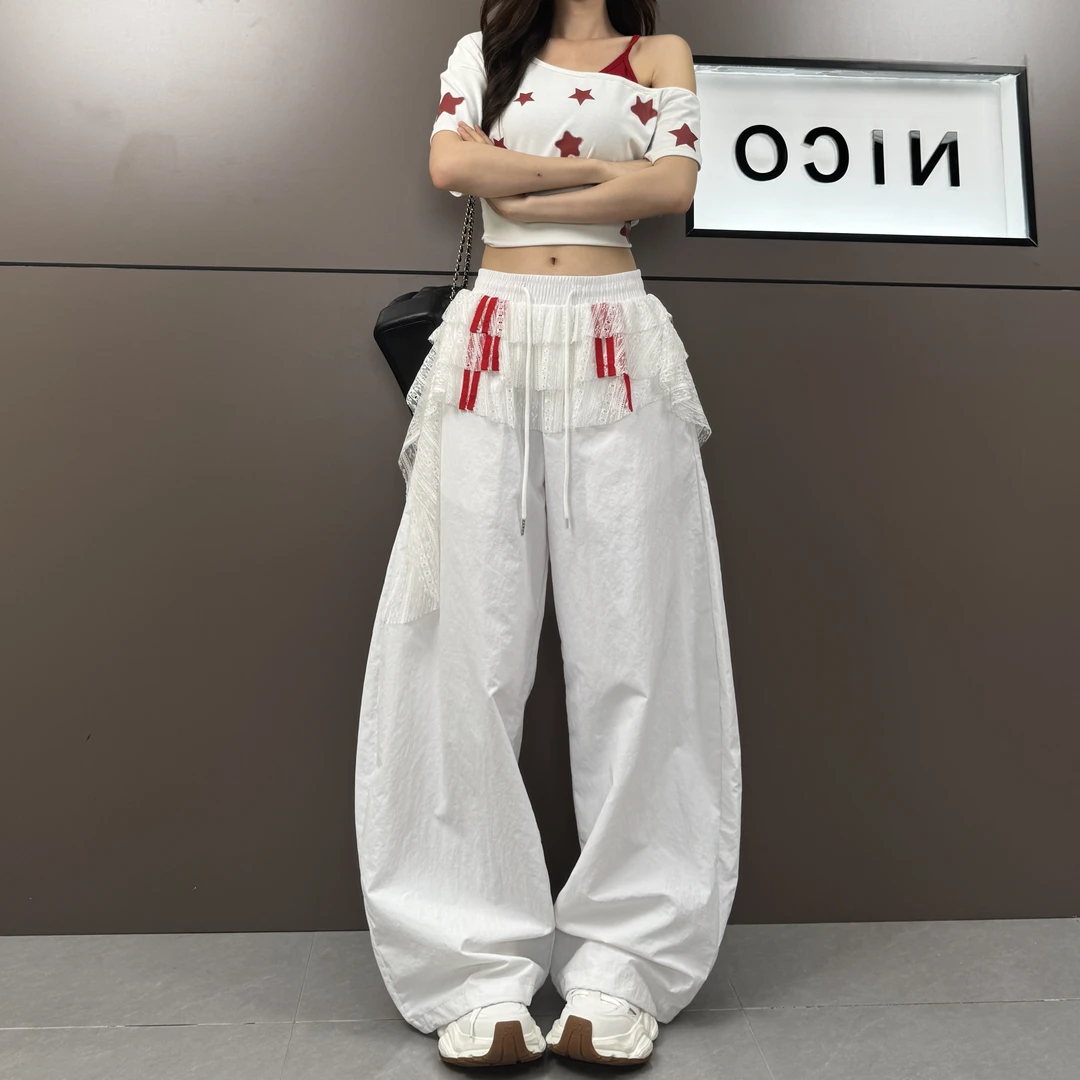 韩范时尚气质感蕾丝屁帘设计小众显瘦阔腿休闲裤