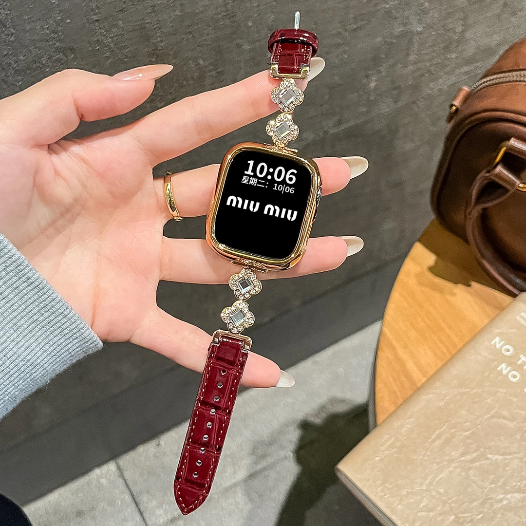 幸运草镶钻拼皮适用apple watch11表带s10苹果手表保护壳iwatch9