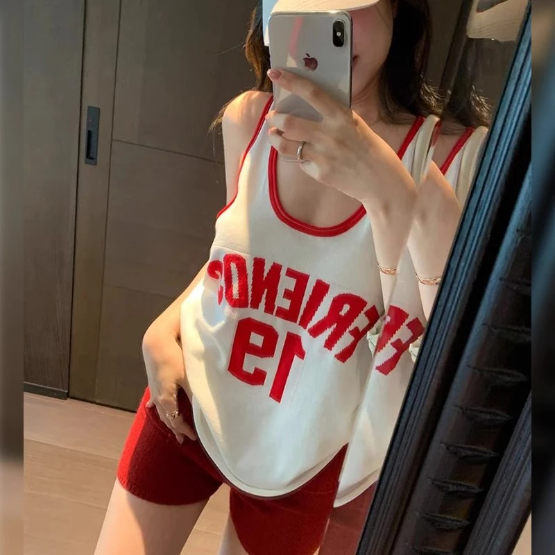 美式辣妹撞色字母吊带背心女夏季2025年新款宽松休闲运动无袖上衣