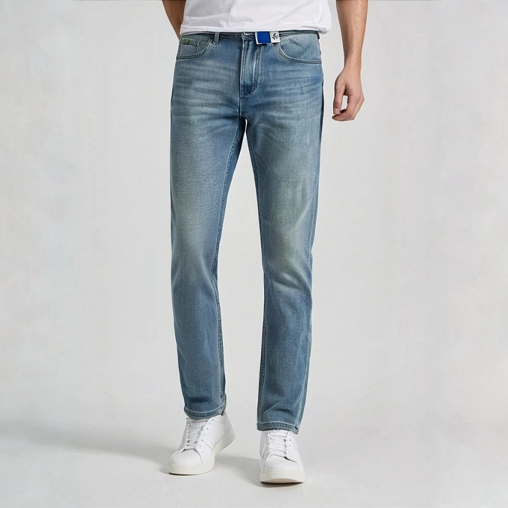 夏季薄款复古牛仔长裤男士小直筒长裤弹力合体复古蓝潮流百搭日系