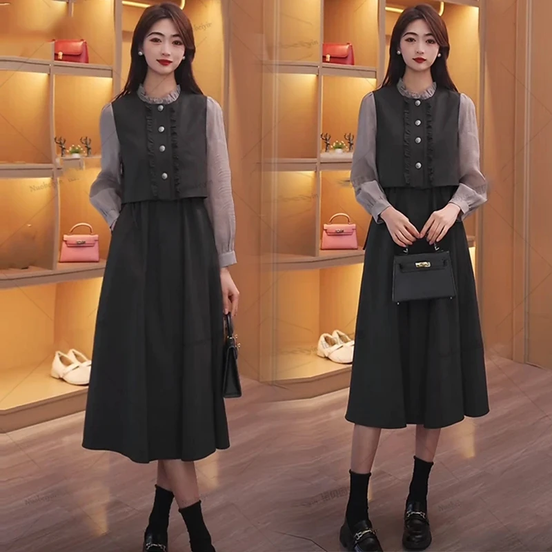 法式时尚连衣裙女2025春季洋气收腰显瘦木耳花边假两件中长款裙子