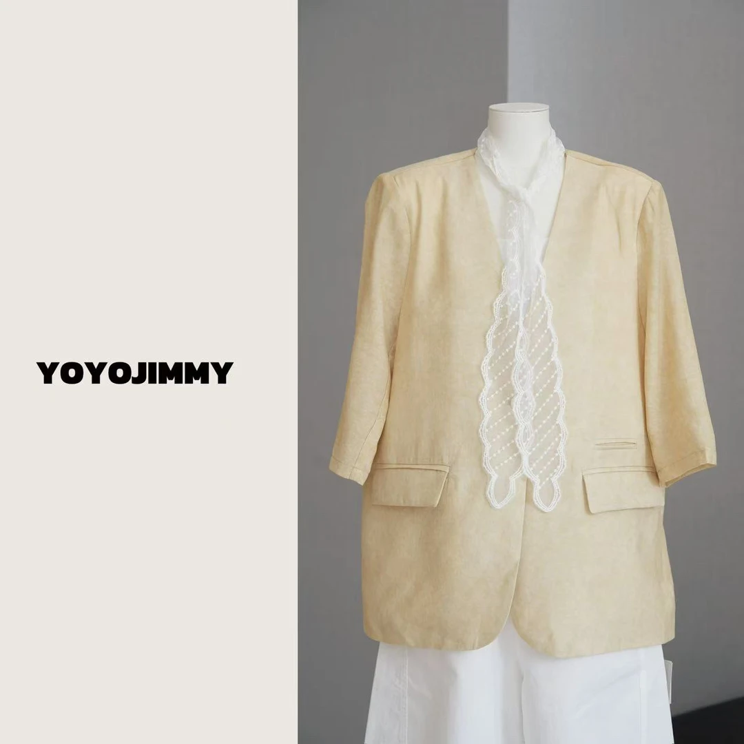 YOYO W759 草洗亚麻轻奢小西服休闲洋气外搭蕾丝纯色女士春夏外套